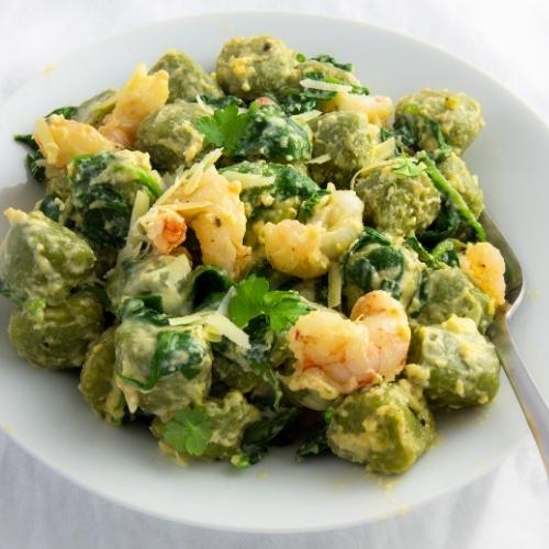 Orecchiette with Spinach, Shrimp & Garlic Chips